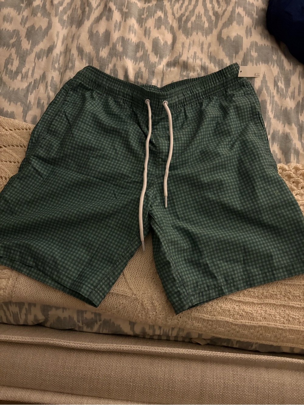 Amazon Essentials Men's Dark Green Check Swim Trunks with Drawstring